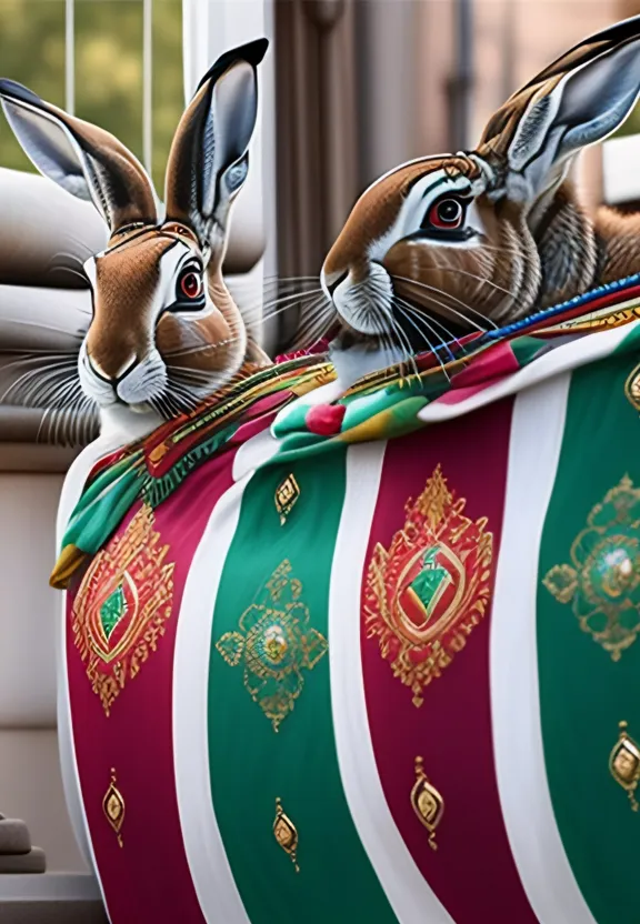 a couple of rabbits sitting on top of a blanket