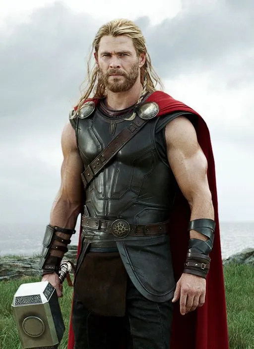 a man dressed as thor with a sword and shield
