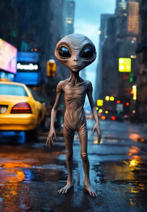 a little alien standing in the middle of a street