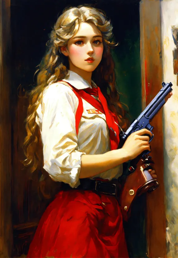 a painting of a woman holding a gun