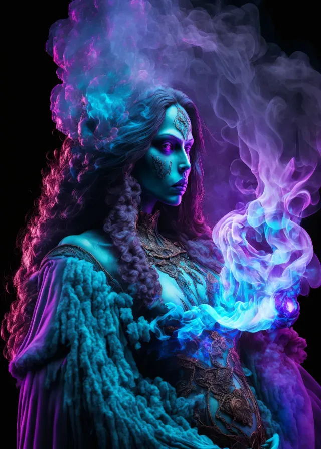 a woman with blue and purple smoke in her hands. purple, azure, organism, violet, magenta, flash photography, electric blue, gas, event, darkness