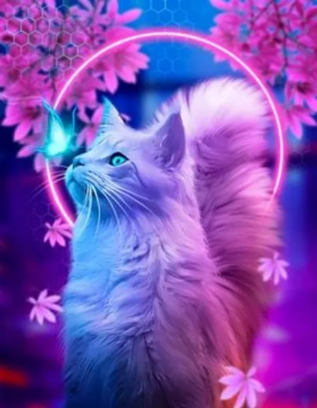 a white cat with blue eyes standing in front of pink flowers