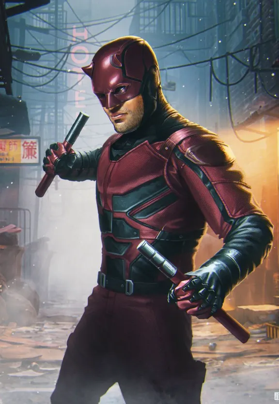 a man in a red and black costume holding a sword