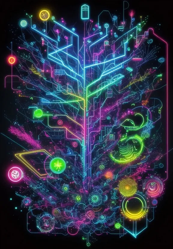 a digital artwork of a tree with neon lights