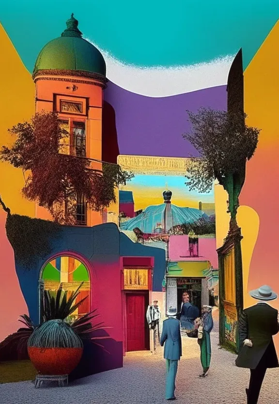 a painting of people walking down a street