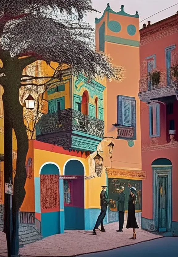 a painting of a couple walking down a street