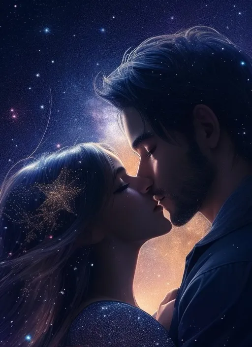 a man and a woman kissing in front of stars