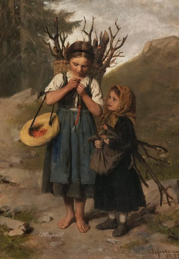 a painting of two young girls standing next to each other