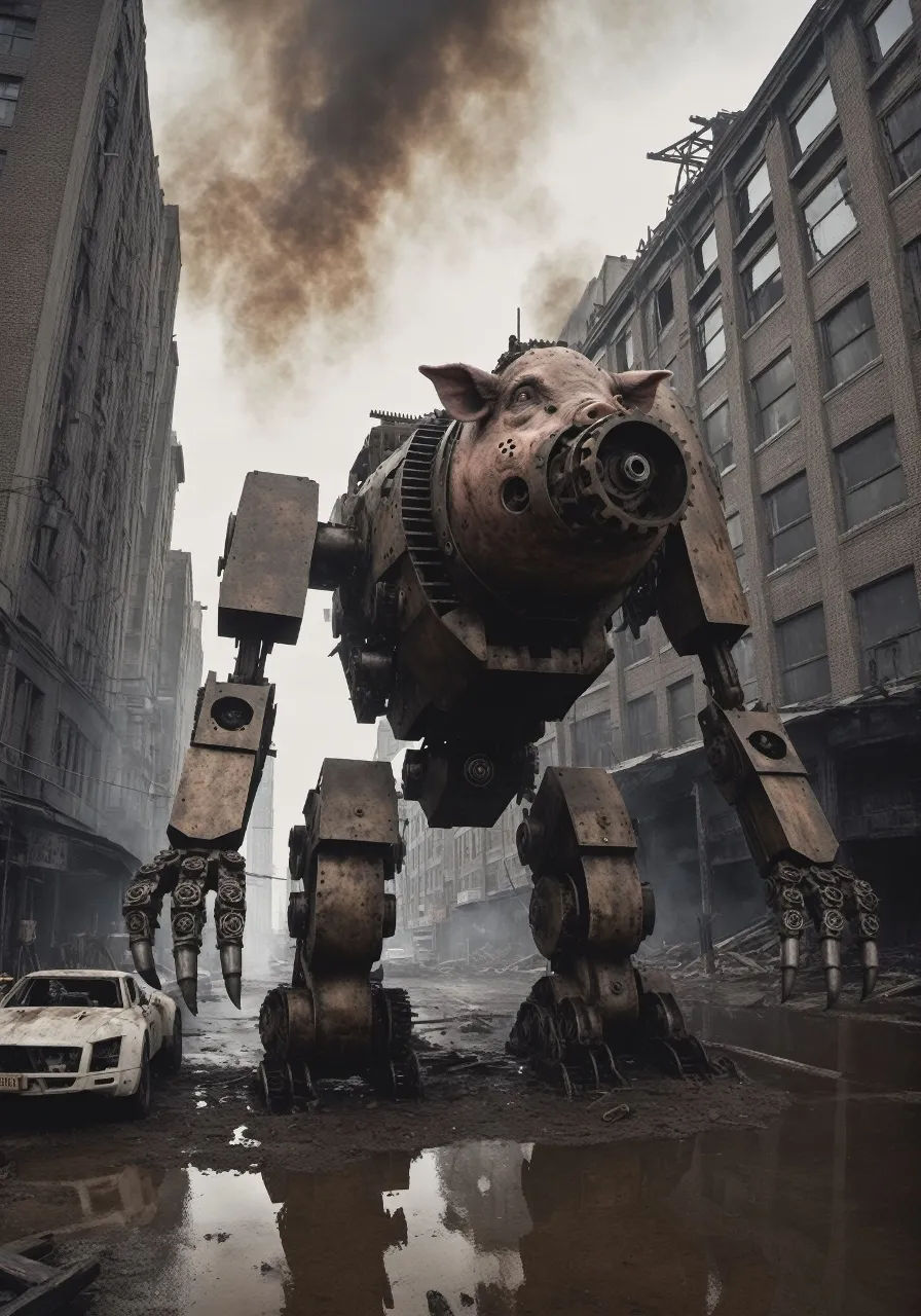 a giant robot pig walking in the middle of a post-apocalyptic city