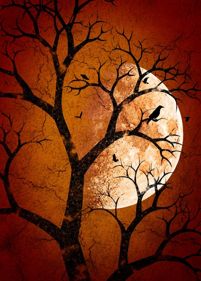 a painting of a tree with a full moon in the background