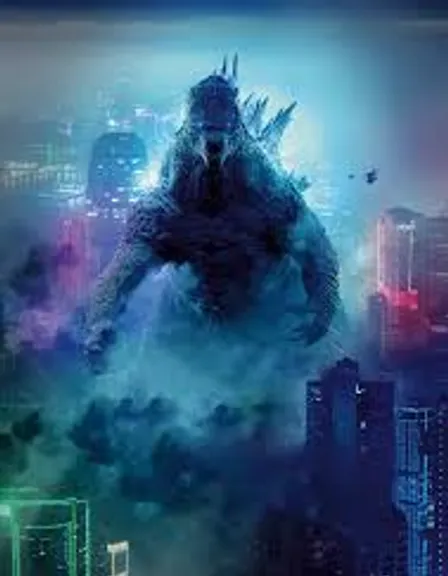 godzilla in the sky with city lights in the background