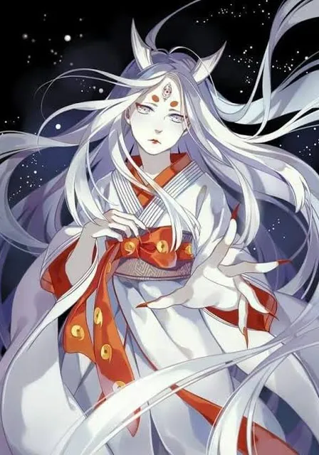 a woman with long white hair wearing a red and white dress