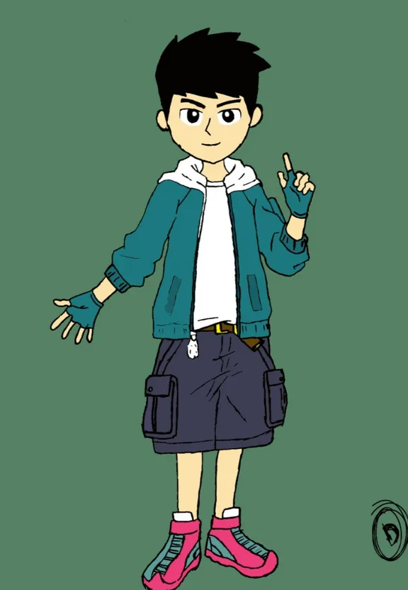 a cartoon of a boy in a blue jacket and pink shoes