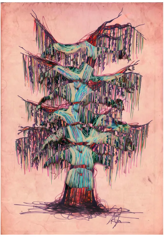 a drawing of a tree with a pink background