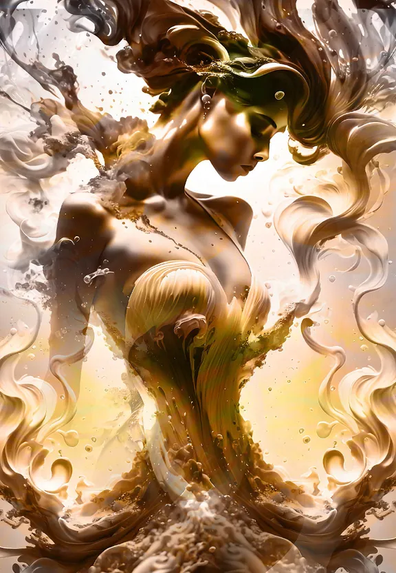 a painting of a woman with flowing hair. amazing woman, amazing body golden color