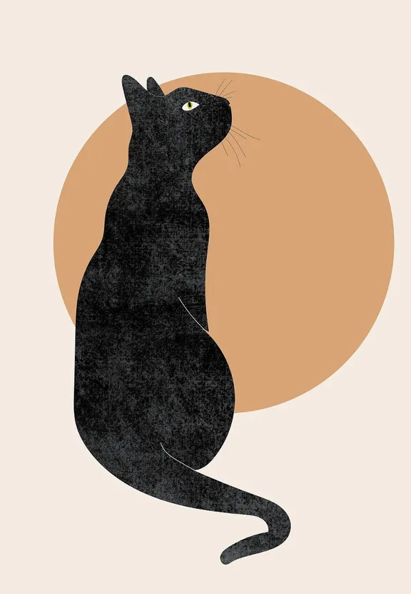 a black cat sitting in front of an orange circle