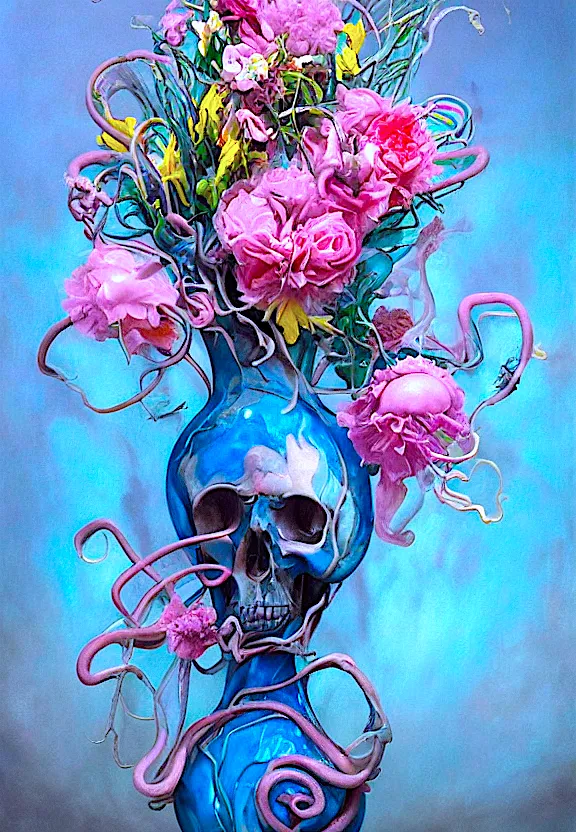 a painting of a blue vase with pink flowers in it