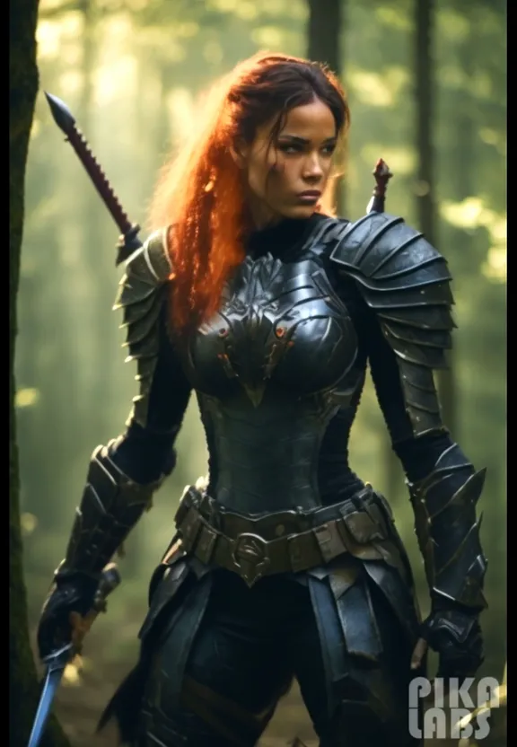 a woman with red hair and a sword in a forest