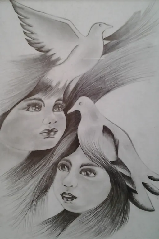 a drawing of two women with birds on their heads