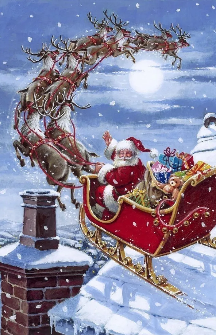 a painting of santa claus riding a sleigh in the snow