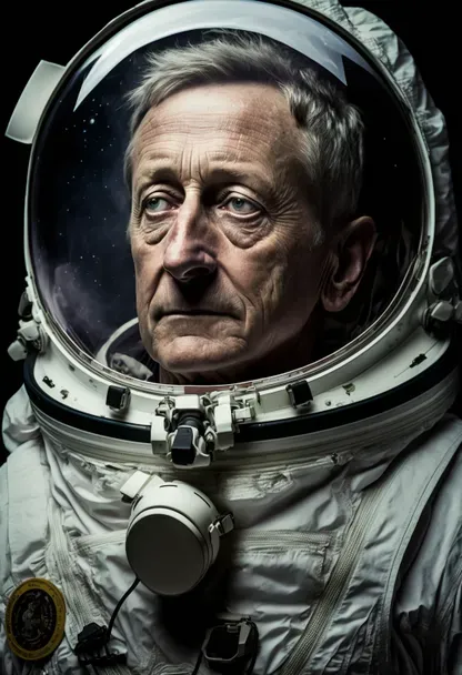a man in a space suit with a nose. eye, wrinkle, flash photography, space, astronaut, personal protective equipment, facial hair, beard, art, audio equipment