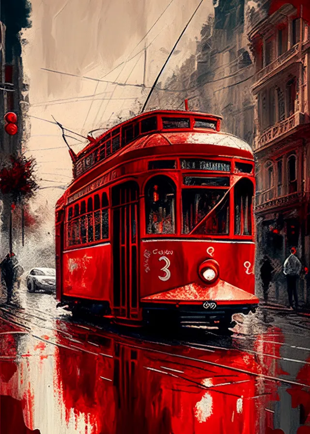a painting of a red trolley on a city street. train, building, window, vehicle, automotive lighting, rolling stock, track, electricity, water, railway