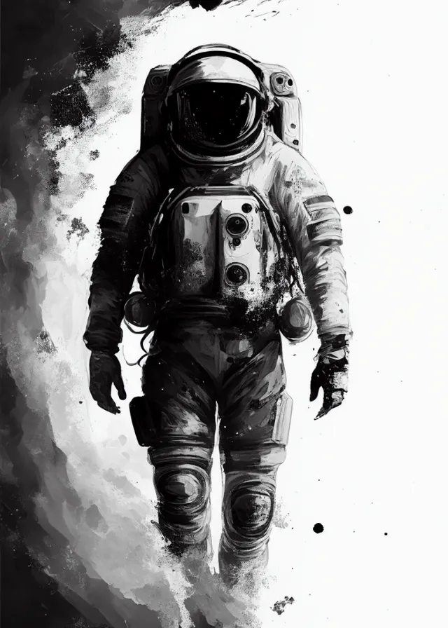 a black and white painting of an astronaut. outerwear, flash photography, astronaut, style, cool, personal protective equipment, space, monochrome, monochrome photography, art