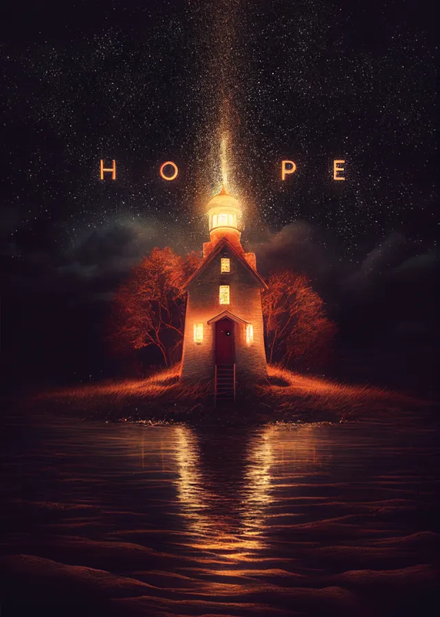 a picture of a lighthouse with the words hope on it. water, liquid, atmospheric phenomenon, world, gas, tints and shades, art, heat, darkness, midnight