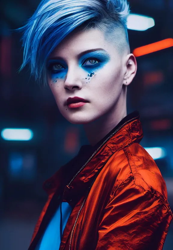 a woman with blue makeup and a red jacket