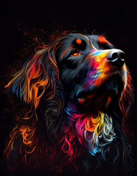 a colorful painting of a dog on a black background