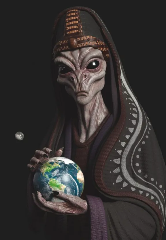 an alien is holding a globe in her hands