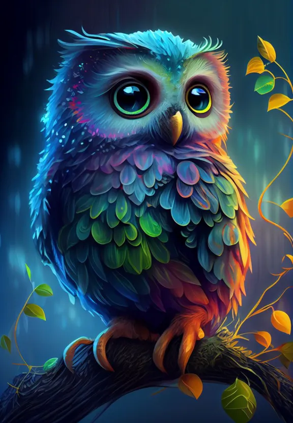 a colorful owl sitting on top of a tree branch