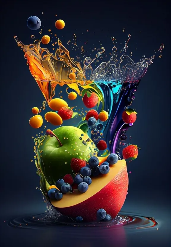 a fruit splashing out of an apple into water