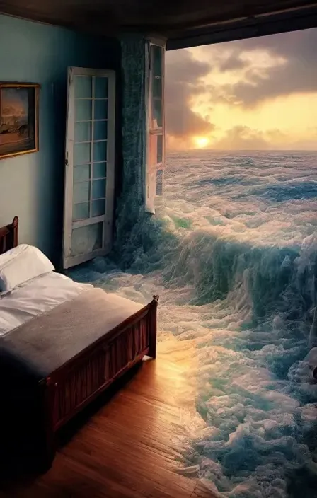 a bedroom with a painting of a wave coming in from the ocean