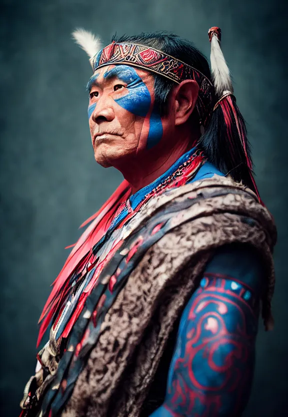 a native american man with blue and red paint on his face