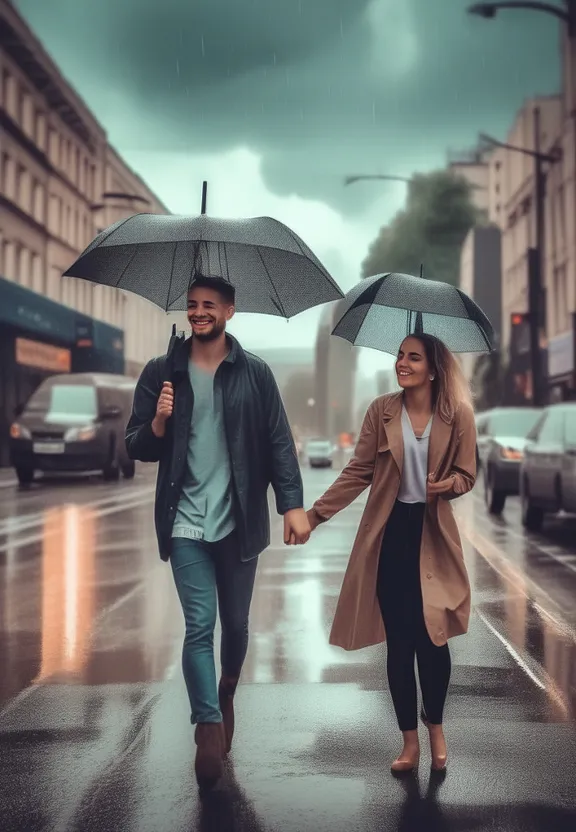 a man and a woman walking in the rain holding umbrellas