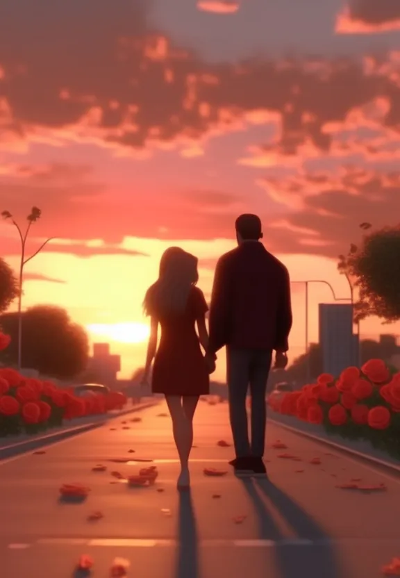 a man and a woman walking down a street at sunset