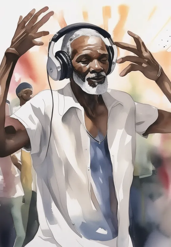 a painting of a man with headphones on
