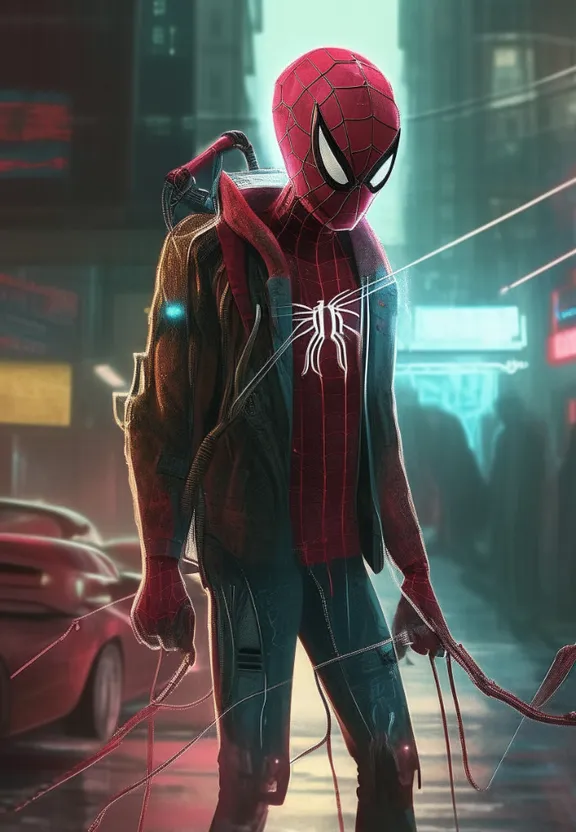 a spider - man standing in the middle of a city