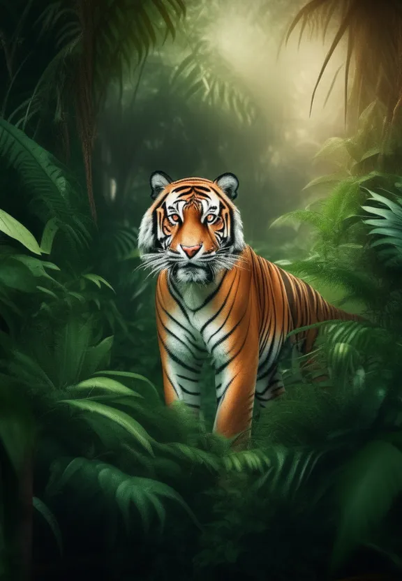 a tiger walking through a lush green forest