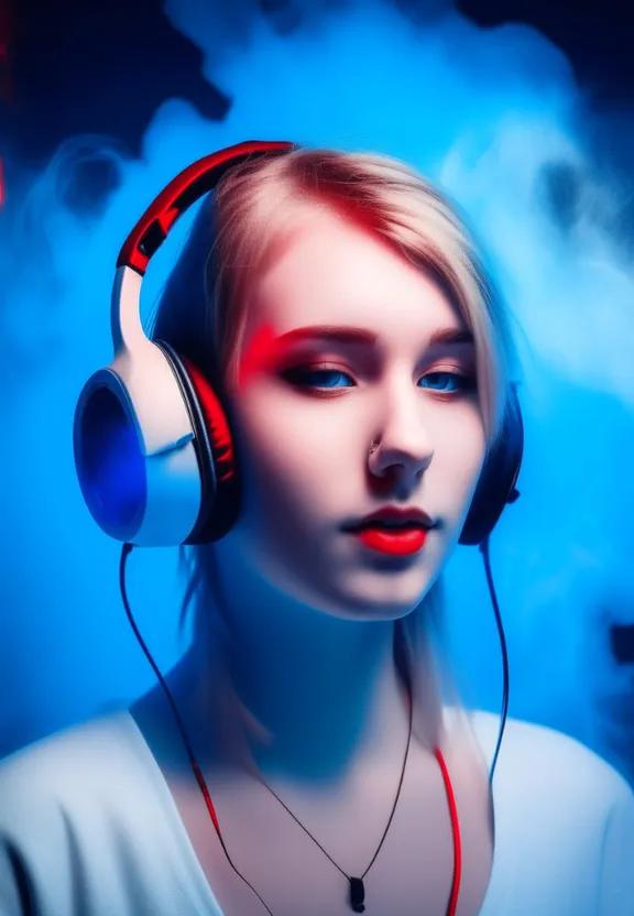 a woman wearing headphones with a blue background