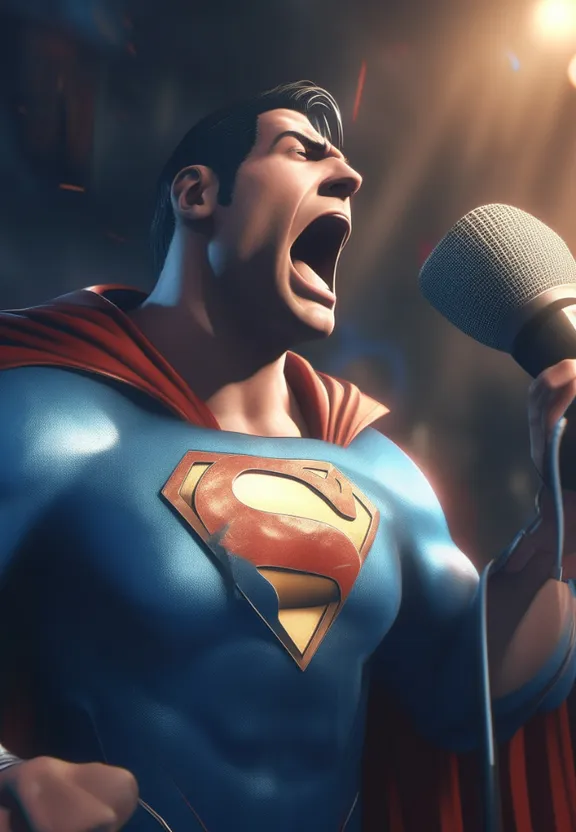 a man in a superman costume singing into a microphone