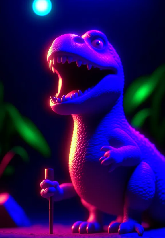 a toy dinosaur holding a stick in a dark room