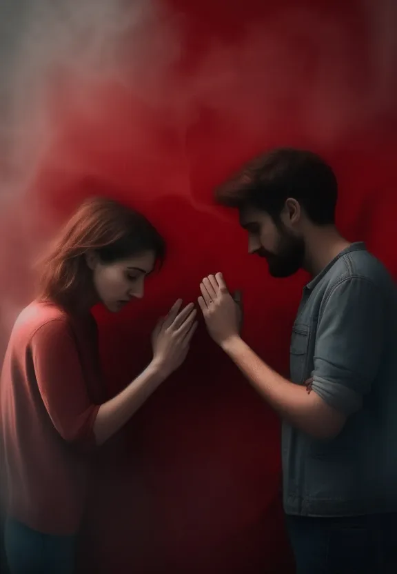 a man and a woman standing in front of a red background