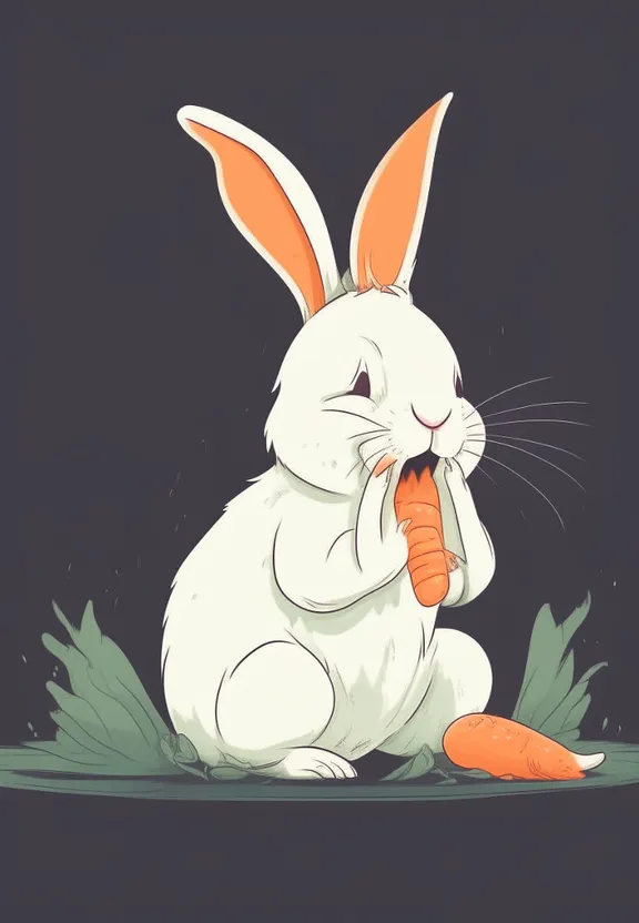 a white rabbit eating a carrot on a black background