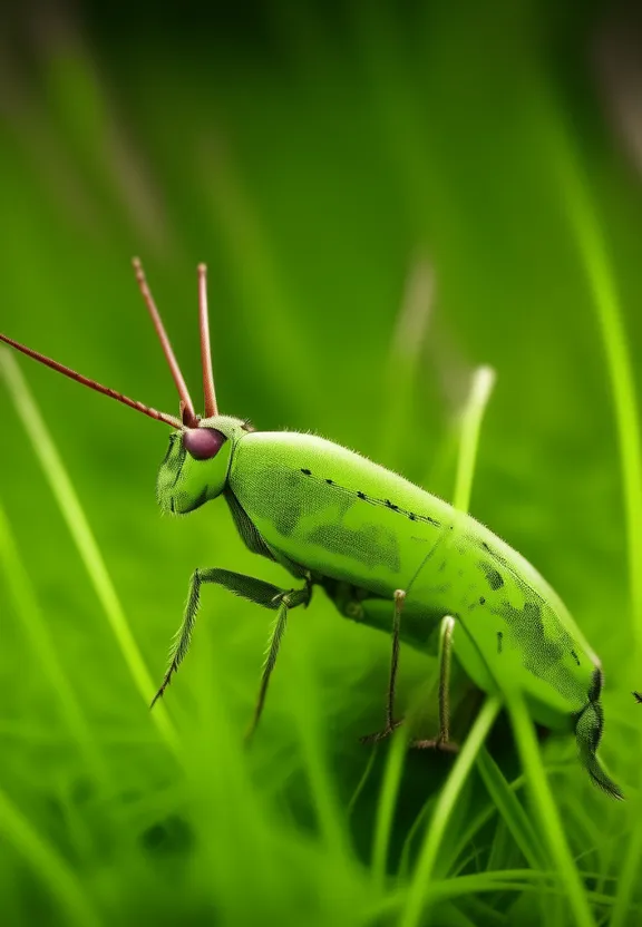 a green bug sitting on top of a lush green field