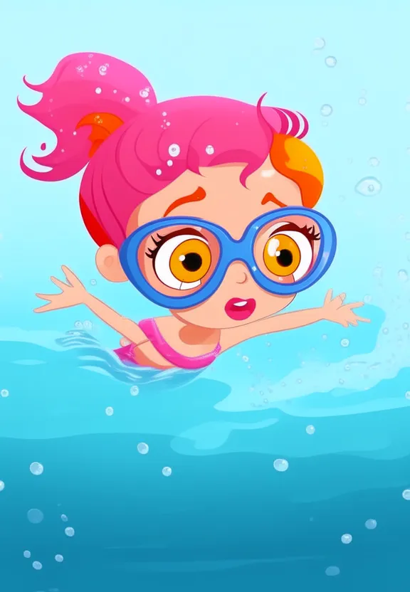 a little girl swimming in a pool with goggles