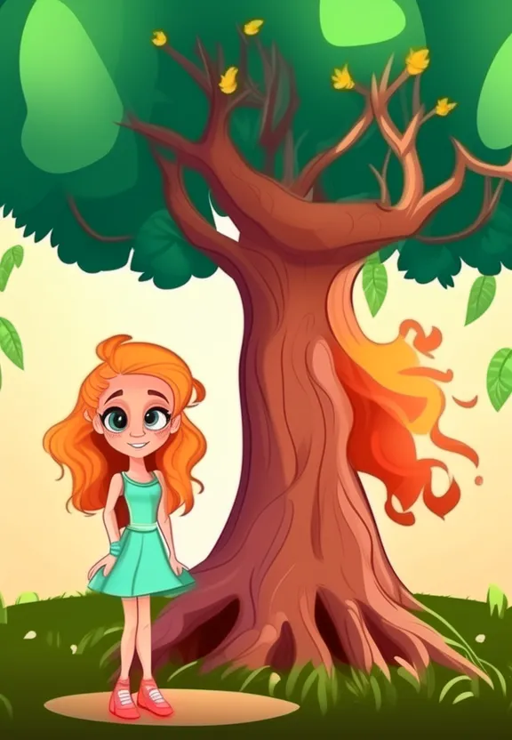 a girl standing in front of a tree
