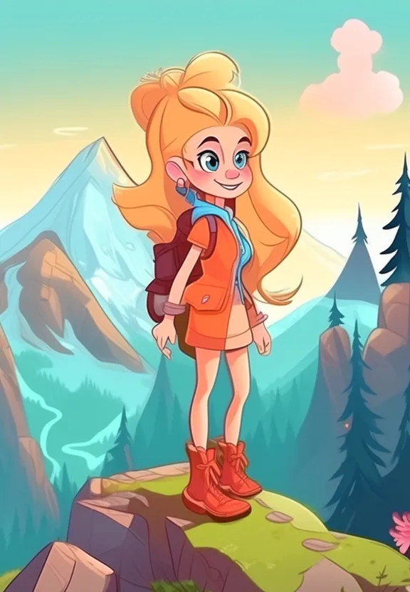 a cartoon girl standing on top of a mountain