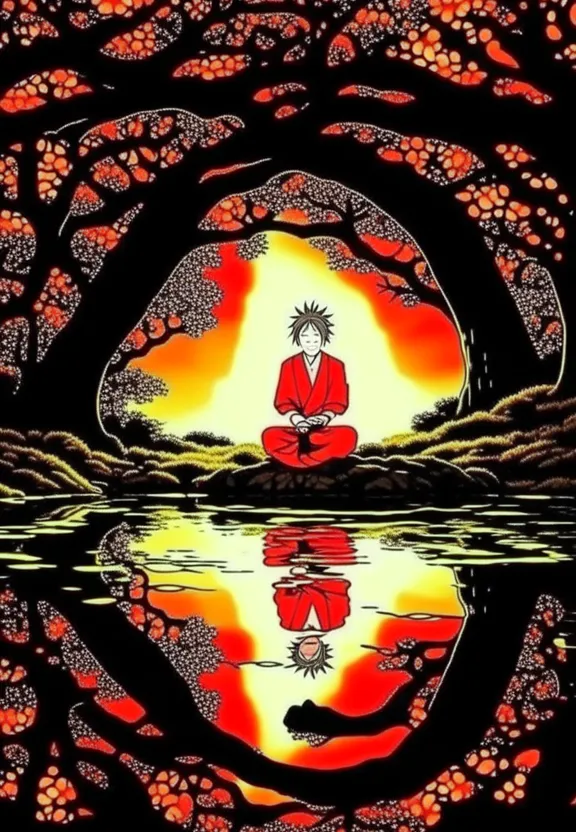 a painting of a person sitting in front of a lake